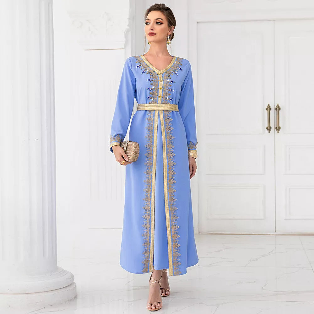 Chic Diamonds Moroccan Kaftan For Women 2 Piece Suit Solid Tape Trim Full Sleeve V-Neck Sashes Elegant Dubai Long Dress