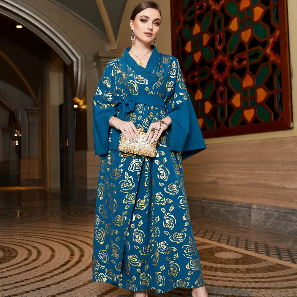 Baju – Kimono ample et décontracté pour femmes musulmanes, imprimé Vintage, Abaya, manches Dolman, ceinture, Robes religieuses, vêtements du Ramadan, 2023