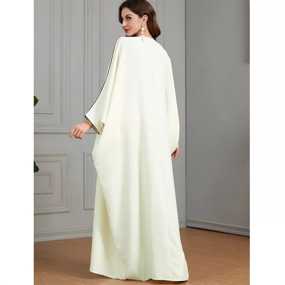 Dubai Turkish lässige lockere solide Batwing -Ärmel gegen Kragen Blumensticke und Quaste Abaya Arab African Women Caftan