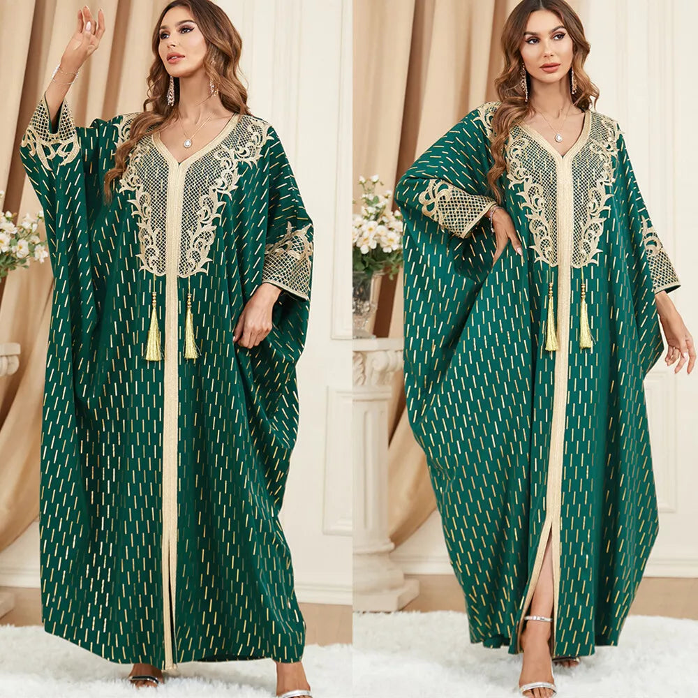 Batwing Sleeve Abaya Dress for Women Chic Lace Applique Tape Trim Gold Stamping Arab Turkey Muslim Robe Tassel Corban