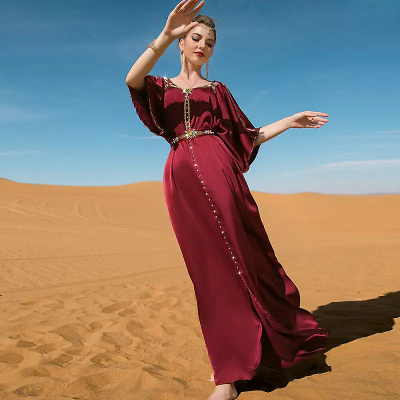 Vestidos de festa noturna Os diamantes dos ombros com cinto abayas marroquino feminino saudita Kaftan Islâmico Roupas