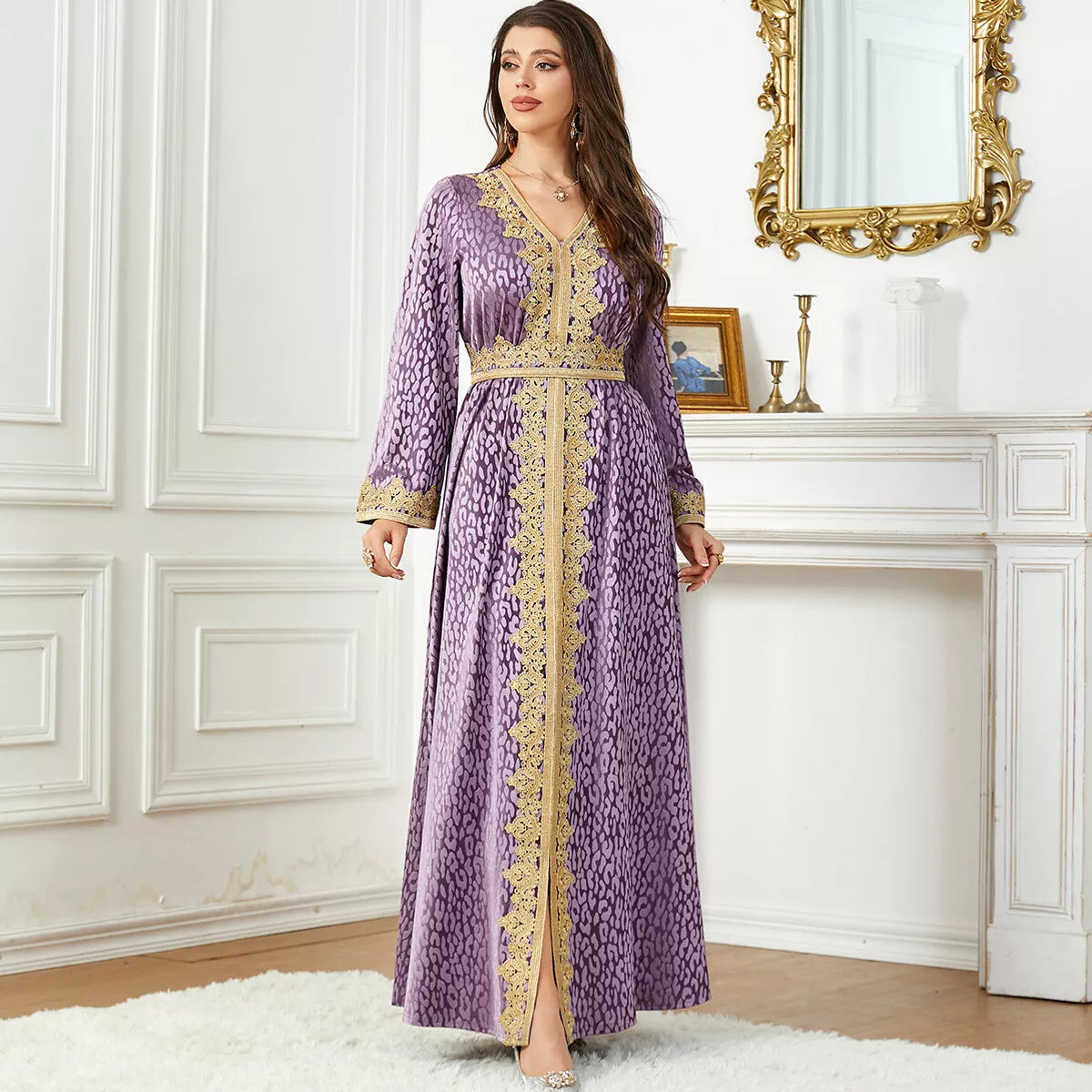 Purple Water Ripple Tape Trim Autumn Winter Velvet Evening Gown Kuwaiti Saudi Dubai V-Neck Belted Muslim Ramadan Dress