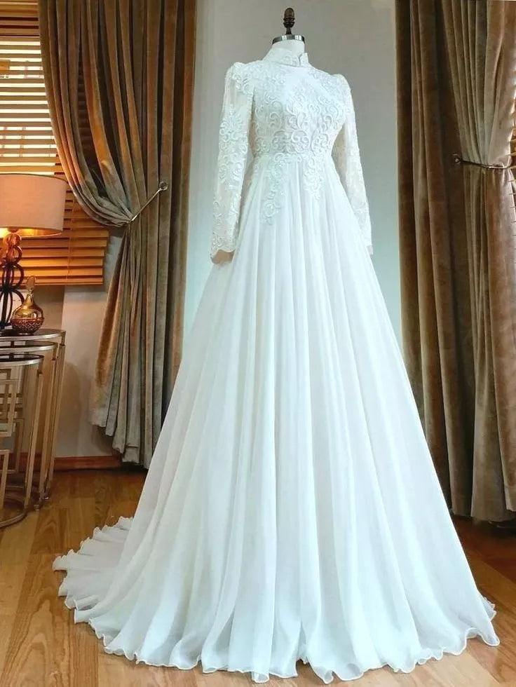 Abiti da sposa musulmani a maniche lunghe per donna abiti da sposa a collo alto lungo chiffon