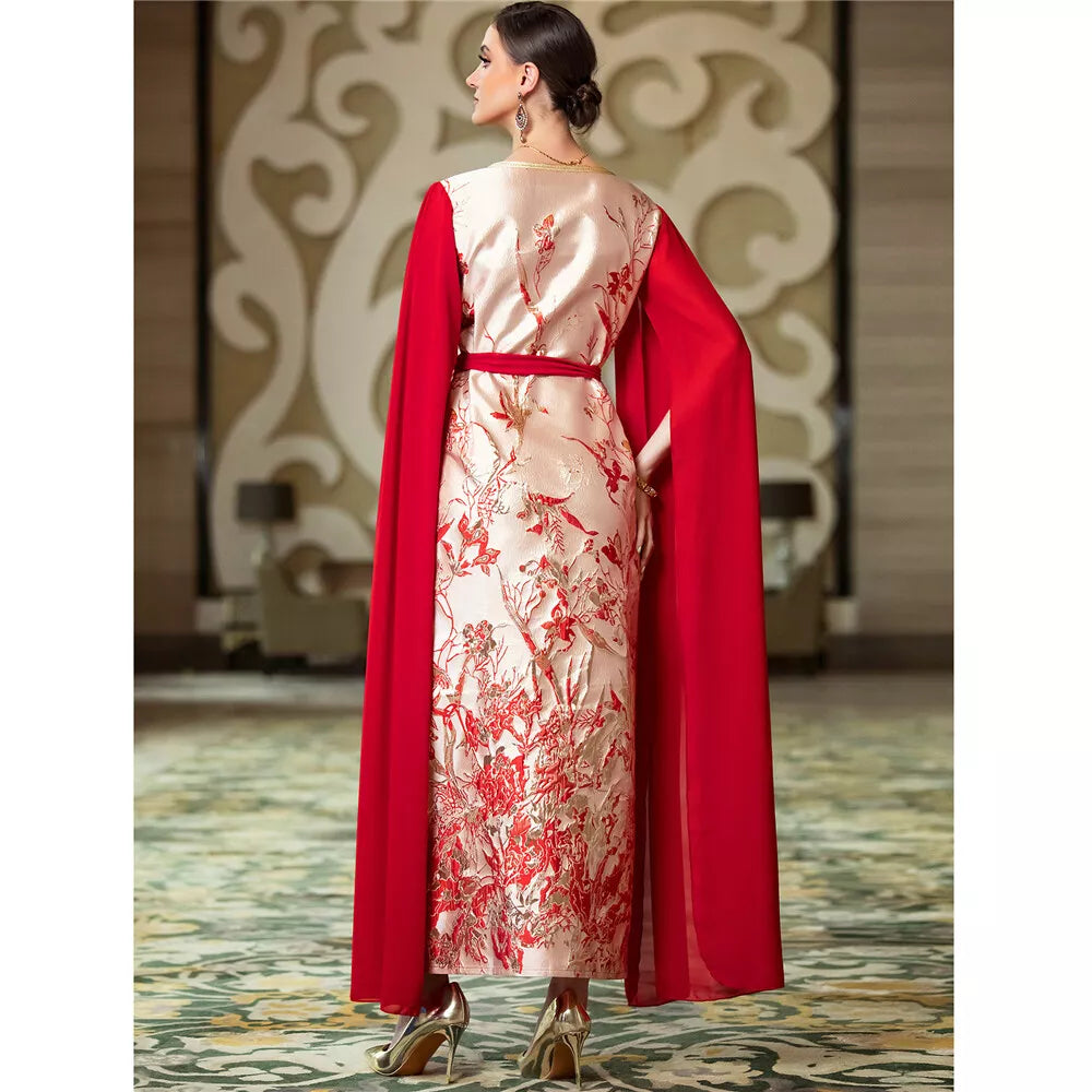 Fashion Dubai Royal Caftan Women طباعة ملابس أنيقة بأكمام ممتلئة للغاية بحزام على شكل حرف V