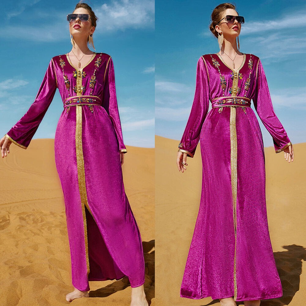 Fashion Luxury Evening Party Gown Velevet Diamond Long Sleeve V Collar Dress With Sashes Autumn Winter Saudi Women Robe