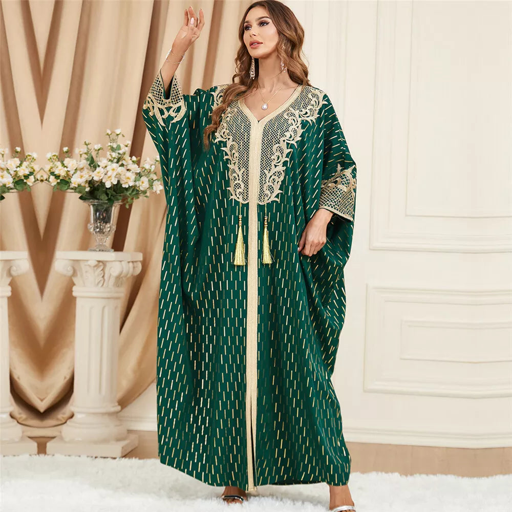 Vestido abaya de manga Batwing para mulheres chiques Apliques de renda Torda de ouro estampagem arab de peru árabe túmulo muçulmano Tassel Corban