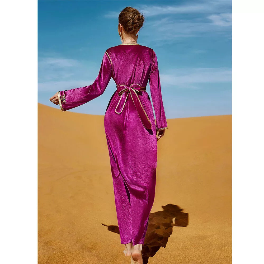 Fashion Luxury Evening Party Gown Velevet Diamond Long Sleeve V Collar Dress With Sashes Autumn Winter Saudi Women Robe