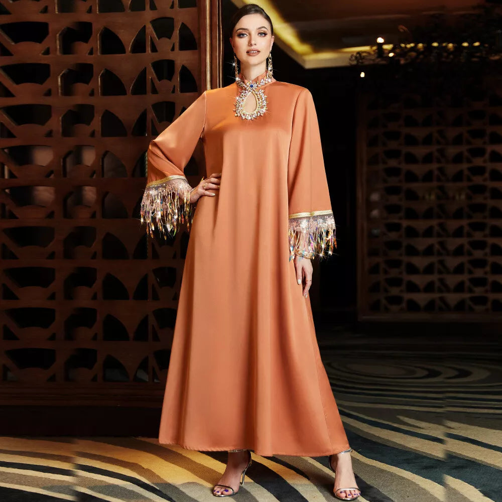 Gradient Tassel Abaya Dress Women Echo Hand Sew Rhinestone Hollow Out Stand Okoł Długie rękaw Arab Arab Dubai Party Srain