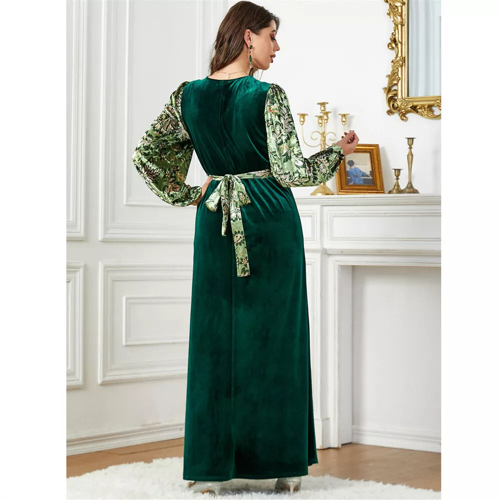 Siakakia Muslim Ramadan Eid Autumn Winter Velvet Beading Embroidery Floral Lantern Sleeve V-Neck Jalabiyat Moroccan Belted Abaya