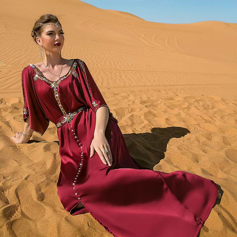 Evening Party Dresses Handsewn Diamonds Off The Shoulders Belted Abayas Moroccan Saudi Women Kaftan Islamic Clothing