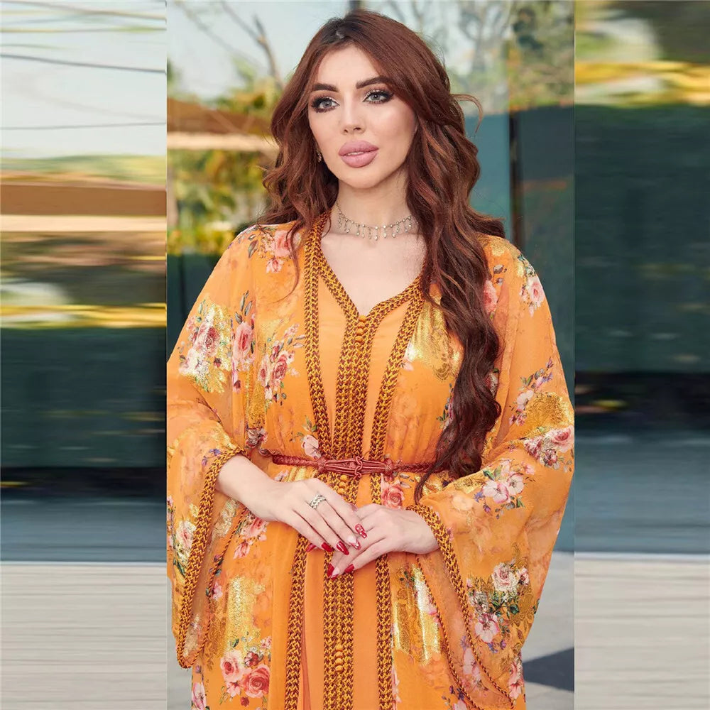 Djellaba Marocaine Duas vestidos muçulmanos Prind Chiffon Cingido Kaftan Ramadan Vestido abayas