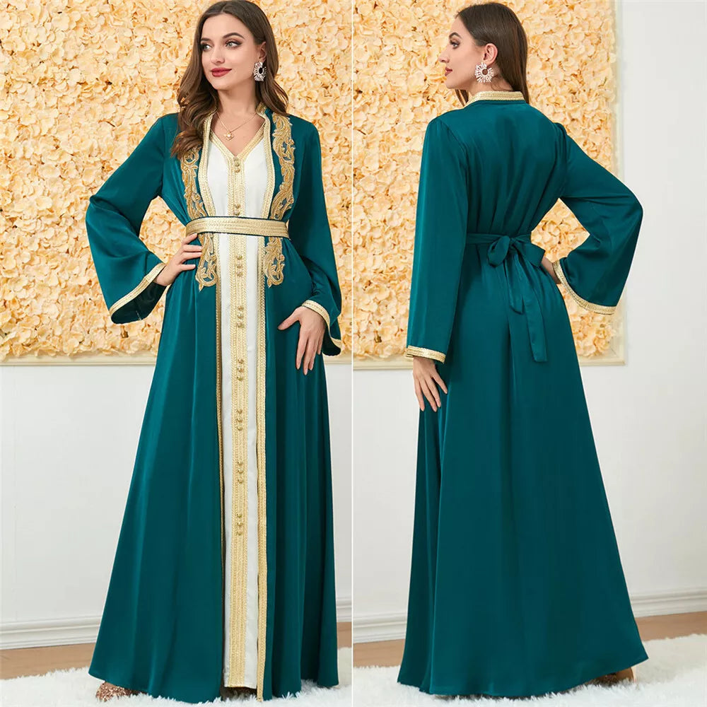 Muslimische Mode zweiteilige Jilbab Robe Applikes Winter Abaya und Weste lange Kleid Overgalter islamische Frauen marokkanischer Kaftan