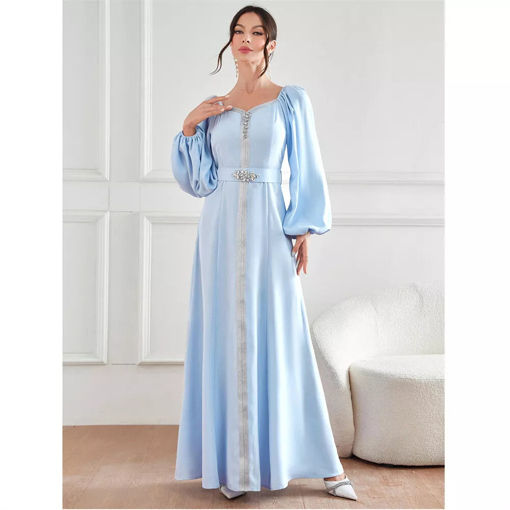 Dubai Evening Dress Women Moroccan Caftan Jalabiyat Solid Rhinestone Puff Sleeve Square Collar Belted Robe