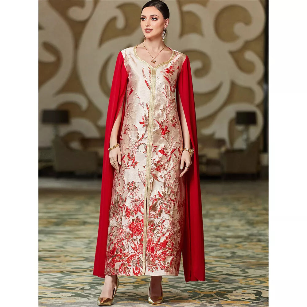 Fashion Dubai Royal Caftan Women طباعة ملابس أنيقة بأكمام ممتلئة للغاية بحزام على شكل حرف V