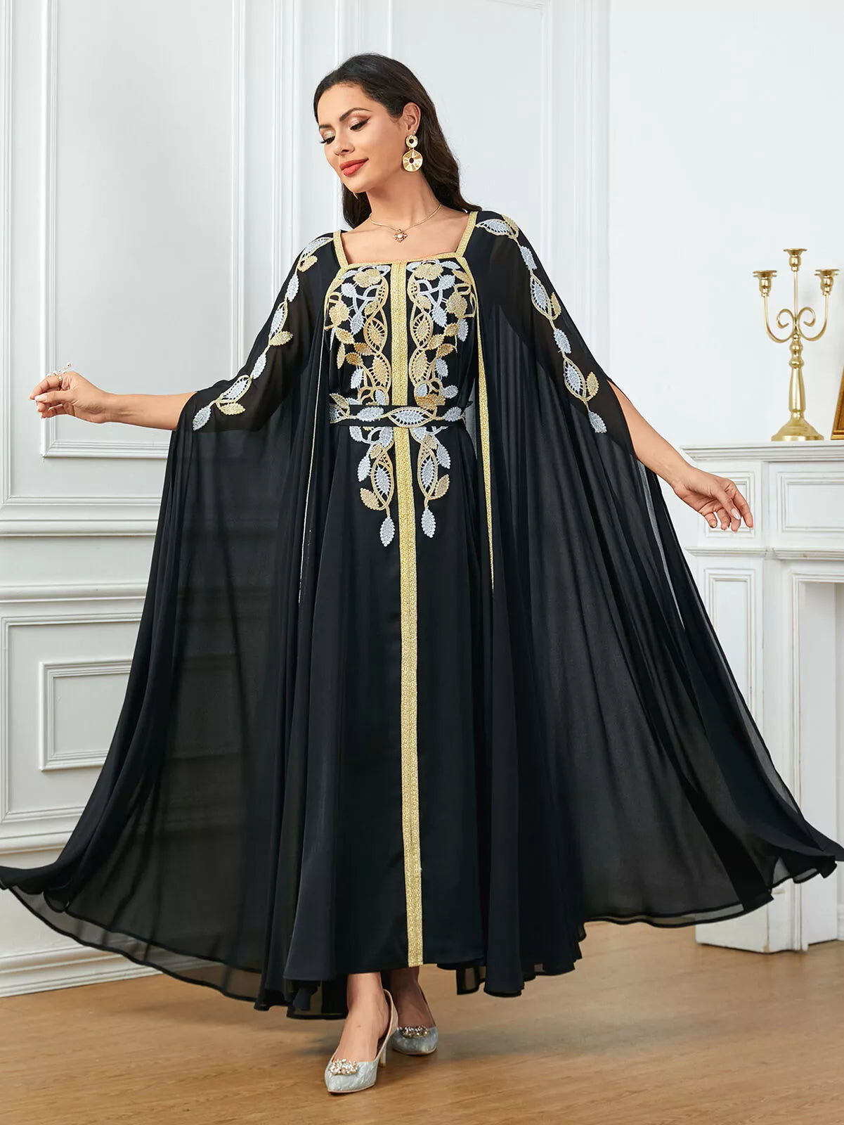 Elegante vestido de festa de manga super longa e casual Apliques sauditas de cais vestidos com cinto de Kaftan África Africana Turca