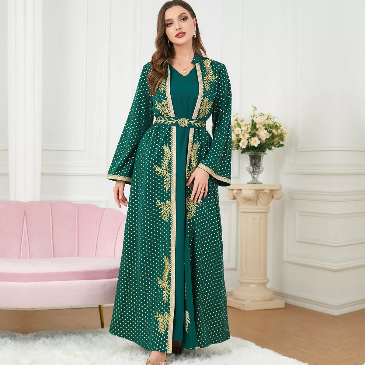 Eid Abaya para mujer, primavera 2023, bordado de hojas, cinta de encaje, caftán con cinturón, dibujo de lunares, abertura en la parte delantera, Abayas, conjunto de vestido musulmán de 2 uds.