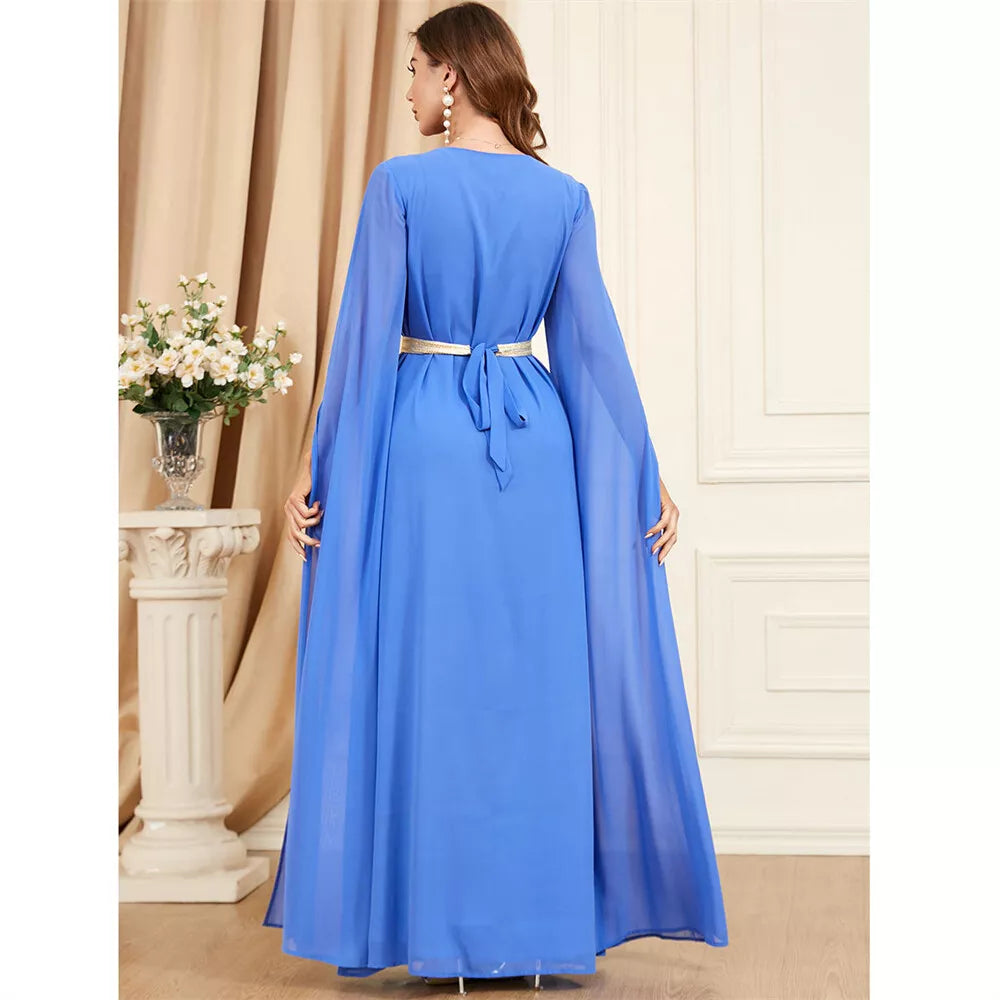 Vestido muçulmano 2023 Dubai Caftan Women Basic Solid Lace Tape Super Mangas Full Sashes Vanhoras V Marroquino Islã Abaya