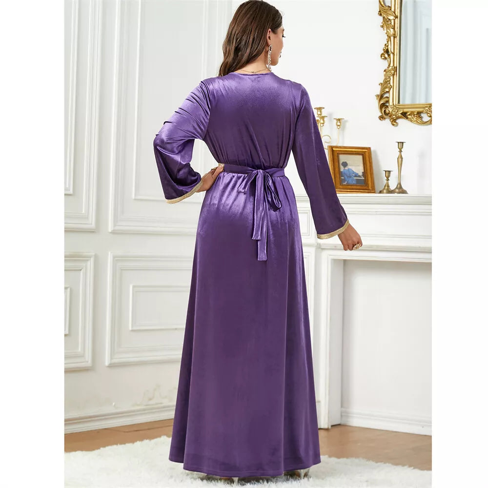 Robe de soirée en velours, couleur unie, Jalabiyat, turc, saoudien, manches longues, col en v, ceinture, africaine, marocaine, Abaya, automne hiver