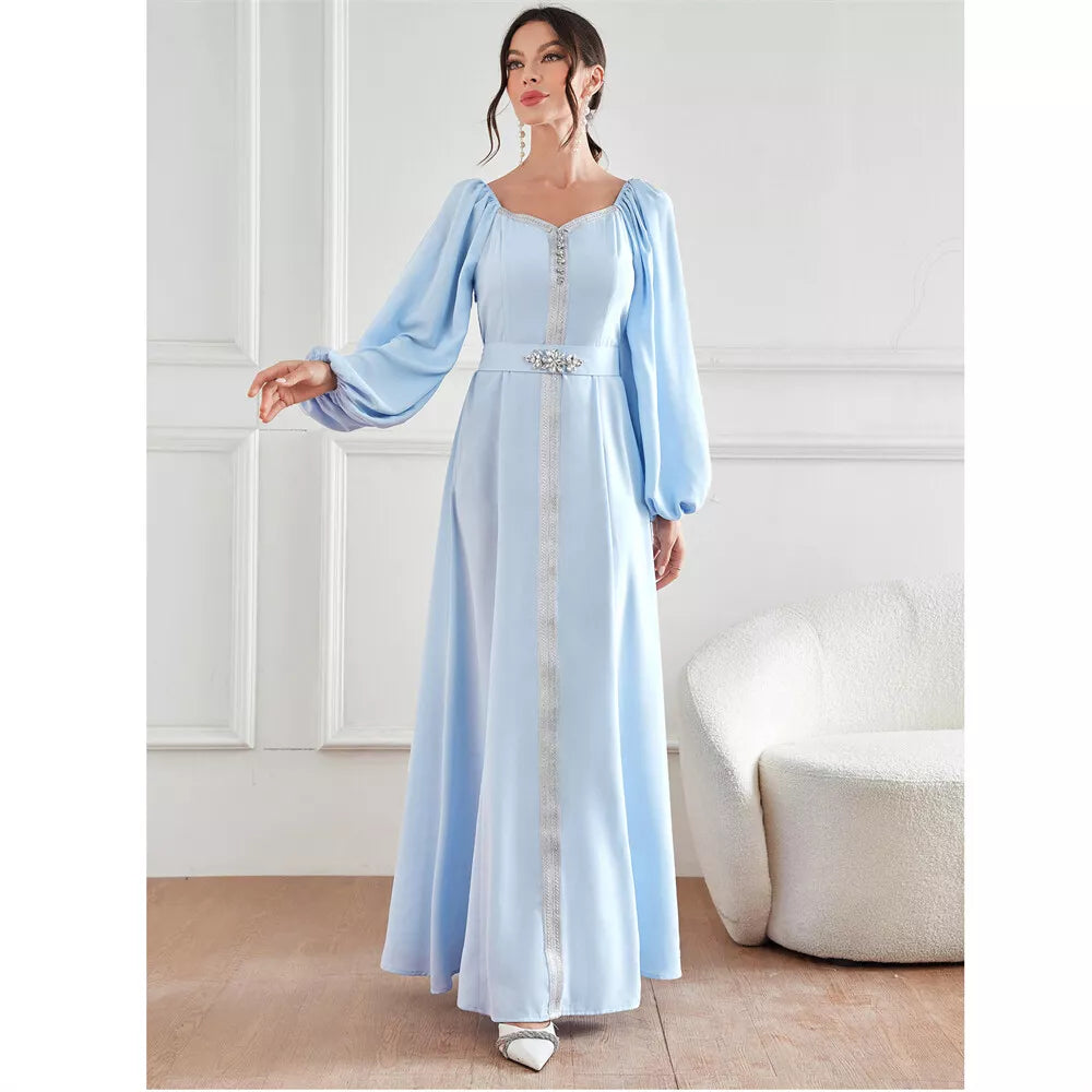 Dubai Evening Dress Women Moroccan Caftan Jalabiyat Solid Rhinestone Puff Sleeve Square Collar Belted Robe