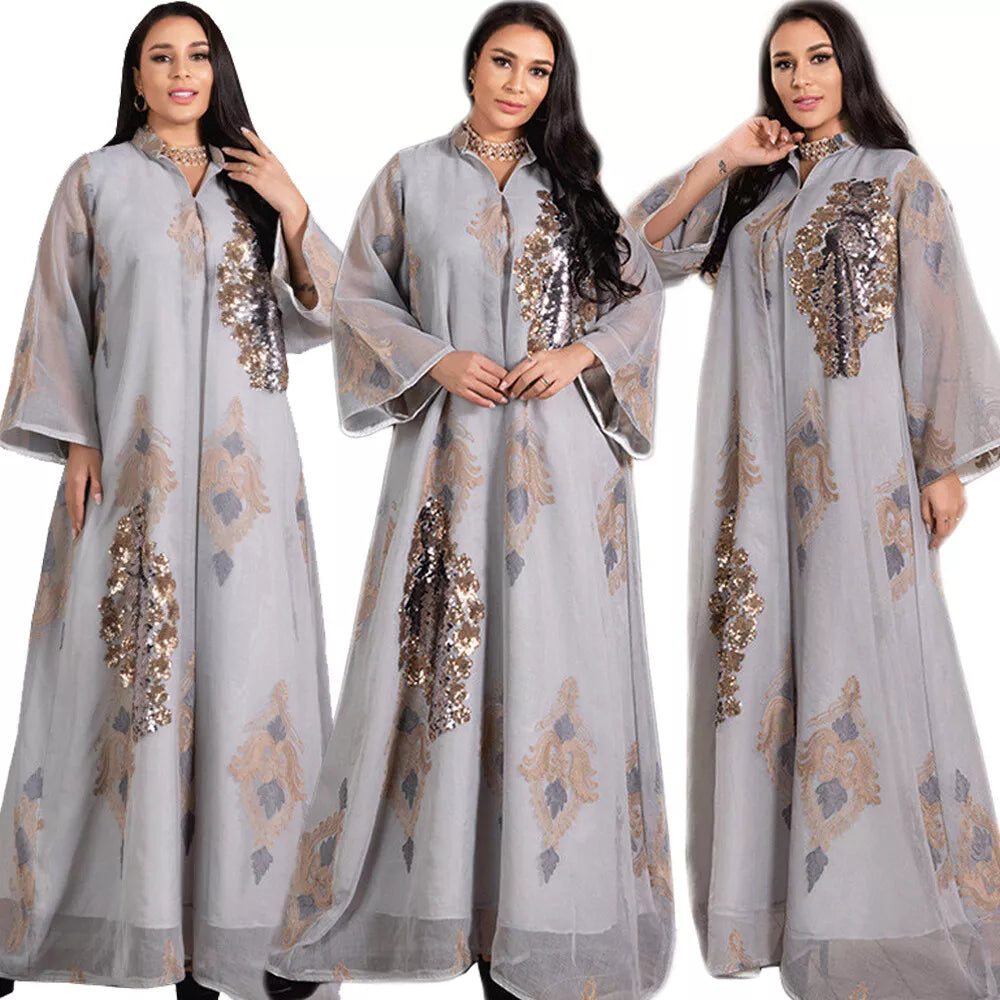 Dubai Fashion Mesh Sequins Embroidery Evening Party Gown Jalabiyat Saudi Arab Casual Robe African Women Caftan Clothing