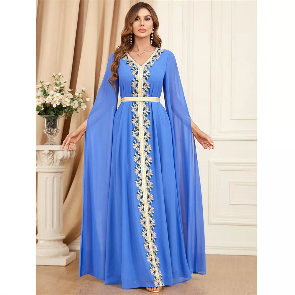 Muslimisches Kleid 2023 Dubai Caftan Frauen Grundlegendes Spitzenklebeband Super Full Sleeves V-Ausschnitt Schärpe marokkanischer Islam Abaya