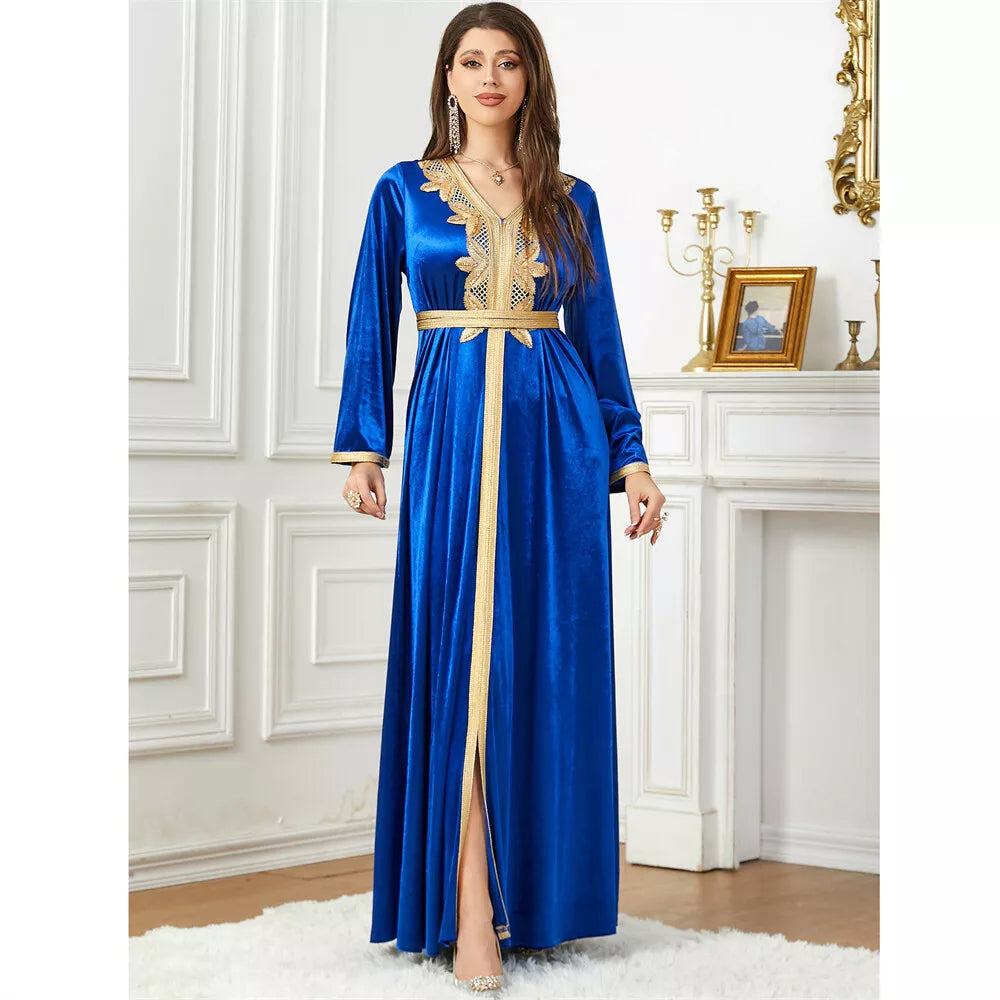 Velvet Autumn Winter Solid Evening Dress Jalabiyat Turkish Saudi Long Sleeve V-Neck Belted African Moroccan Abaya