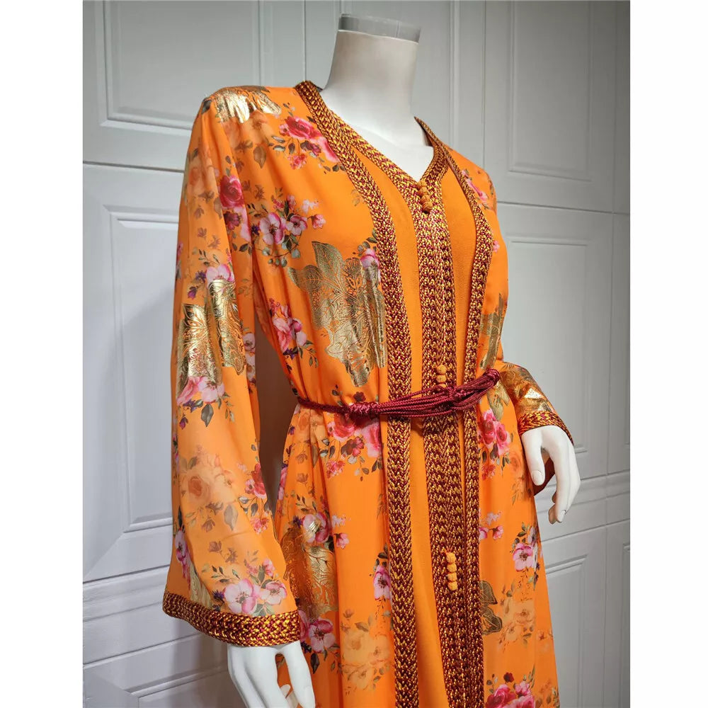 Djellaba Marocaine deux pièces robe musulmane en mousseline de soie imprimé ceinturé caftan Ramadan robe Abayas tissu islamique turc femmes vêtements