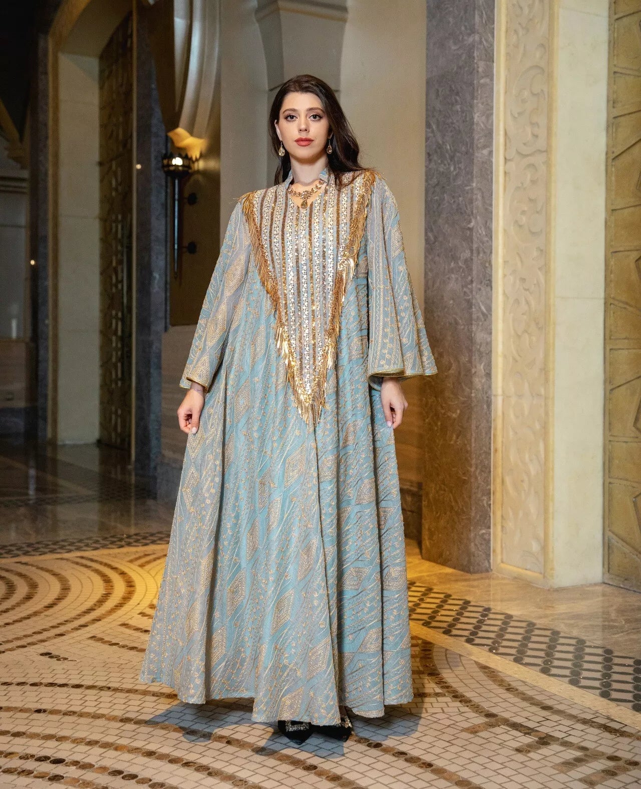 Arabe dubaï maille paillettes broderie Robe de soirée pour les femmes Jalabiyat musulman turc décontracté ample à manches longues vêtements