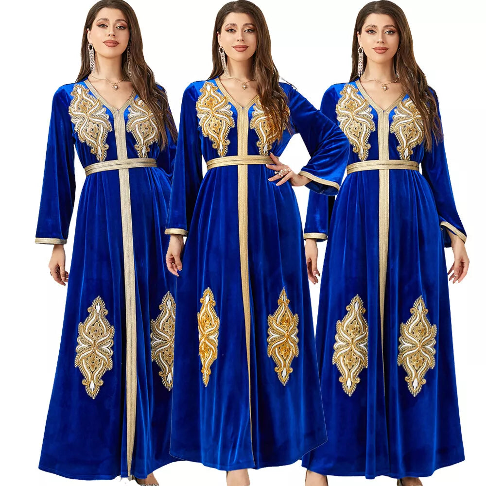 Dubai Autumn Winter Party Velvet Dress Arab Muslim Woman Oriental Gown Shiny Blue Beading Appliques Belted Abaya