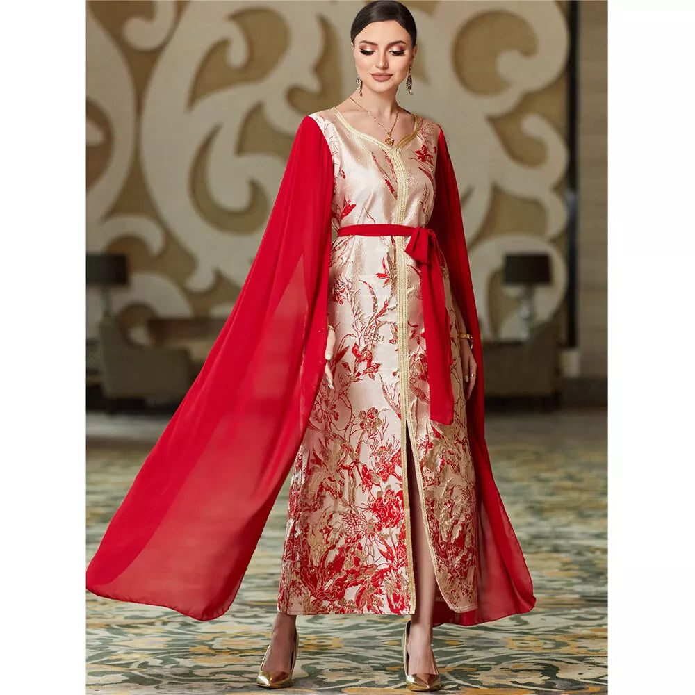 Fashion Dubai Royal Caftan Women Chic Printing Super Full Sleeves V-Ausschnitt Gürtelkleidung Abend lange Kleider elegant