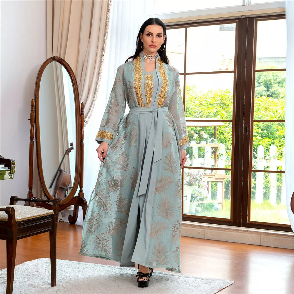 2 Piece Suit Embroidery Guipure Lace V-Neck Full Sleeve Elegant Casual Belted Clothing For Islamic Gulf Women