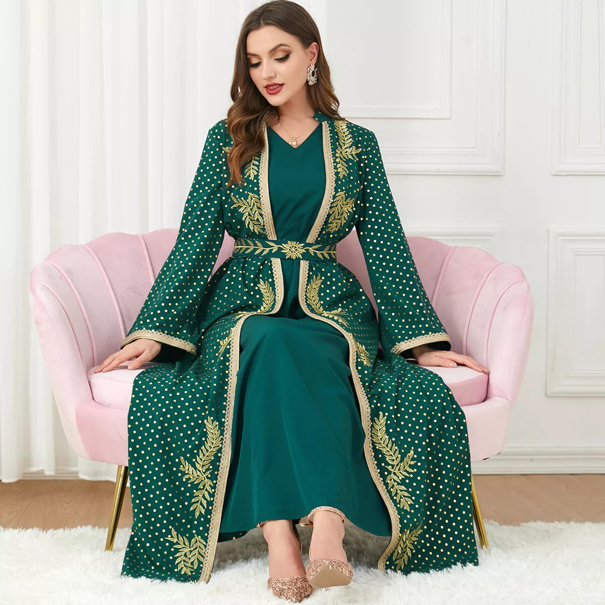 Eid Abaya dla kobiet 2023 Spring Leaf Haft haft koronkowy taśmę z paskiem kaftan kropka kropka z przodu otwarty ABAYAS 2PCS Musilim Set sukienka