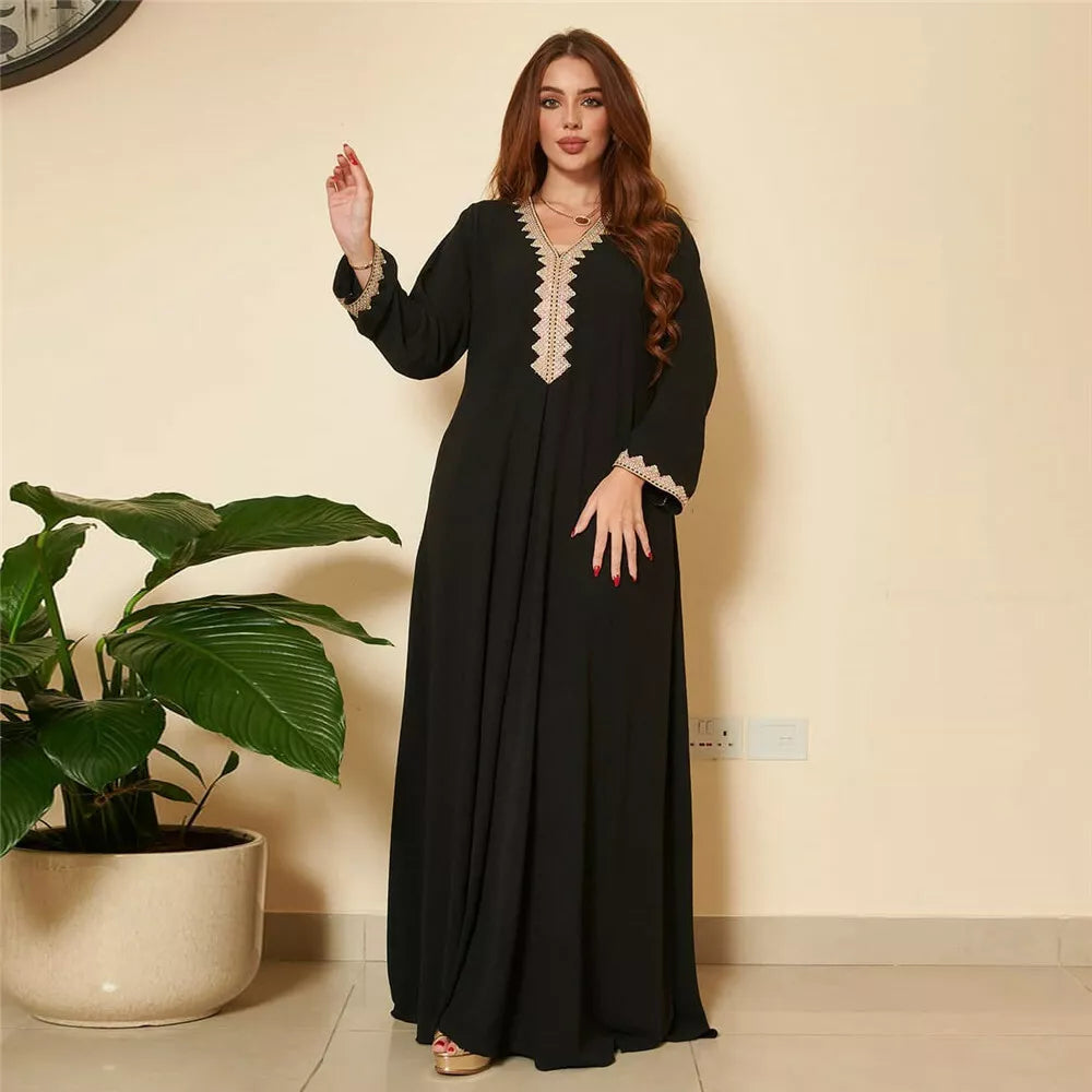 Moroccan Women Jalabiyat Fashion Basic Solid Diamonds Full Sleeve V-Neck Elegant Chic Turkish Female Abaya