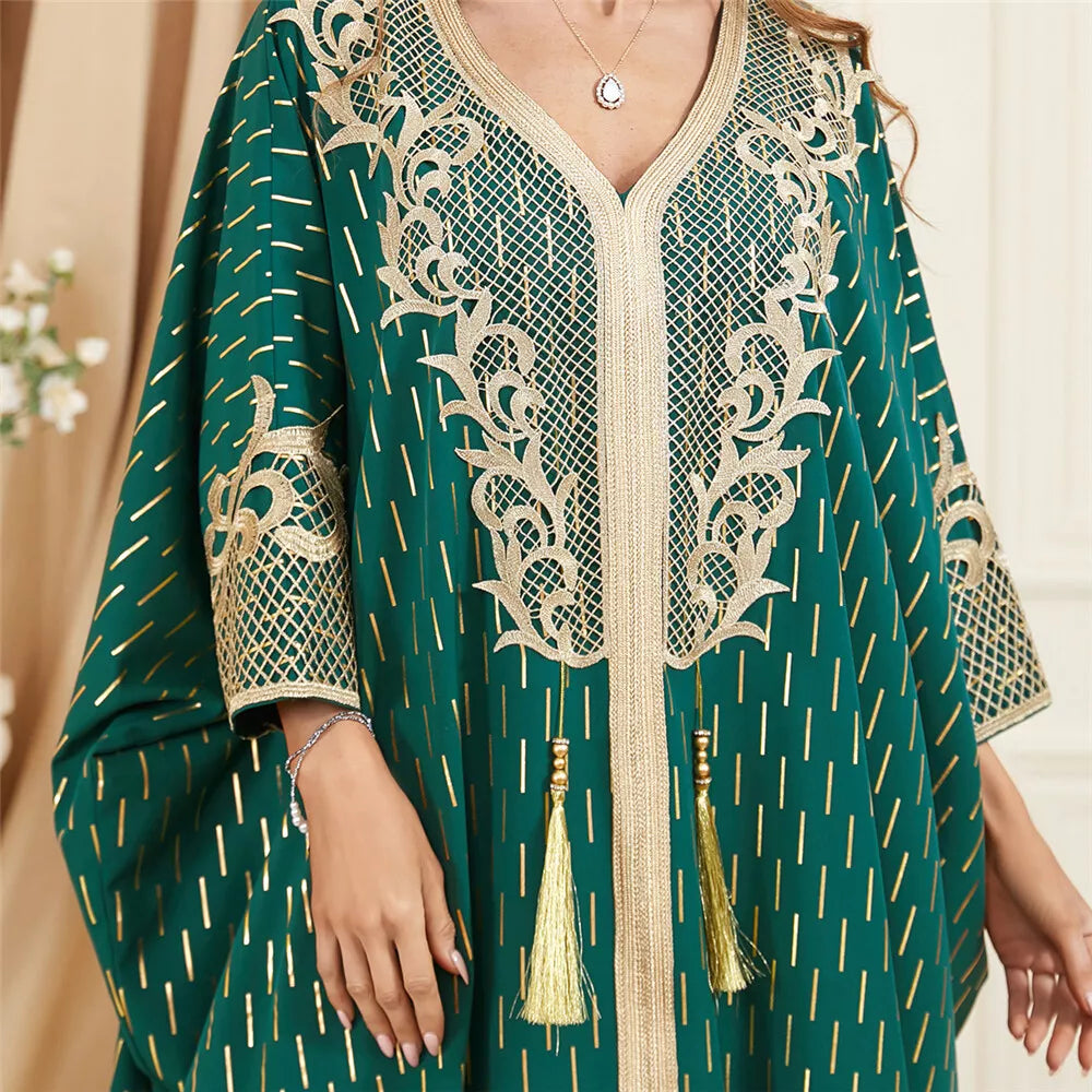 Vestido abaya de manga Batwing para mulheres chiques Apliques de renda Torda de ouro estampagem arab de peru árabe túmulo muçulmano Tassel Corban