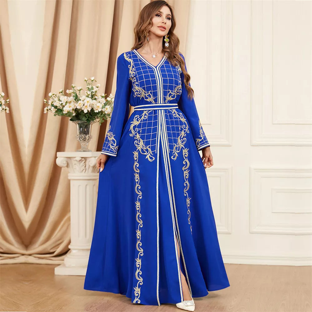 Jilbabs africains pour femmes, ensemble 2 pièces Abaya, arabe Chic, couleur unie, broderie florale, Robe ceinturée, vêtements musulmans marocains