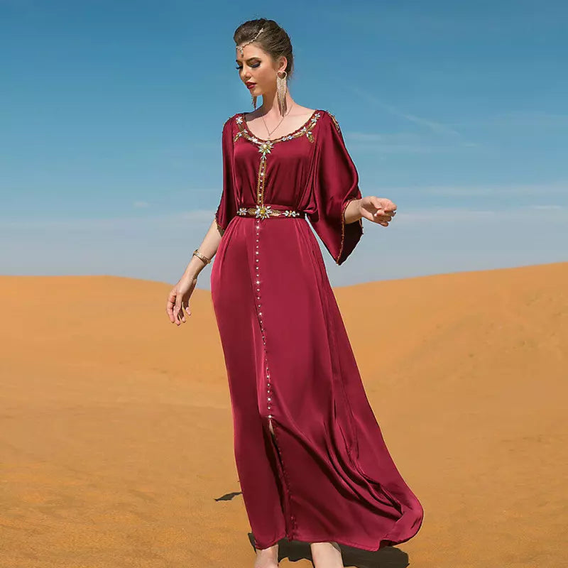 Evening Party Dresses Handsewn Diamonds Off The Shoulders Belted Abayas Moroccan Saudi Women Kaftan Islamic Clothing