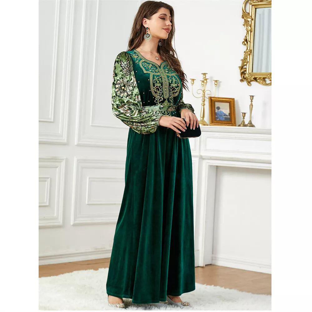 Siakakia Muslim Ramadan Eid Autumn Winter Velvet Beading Embroidery Floral Lantern Sleeve V-Neck Jalabiyat Moroccan Belted Abaya