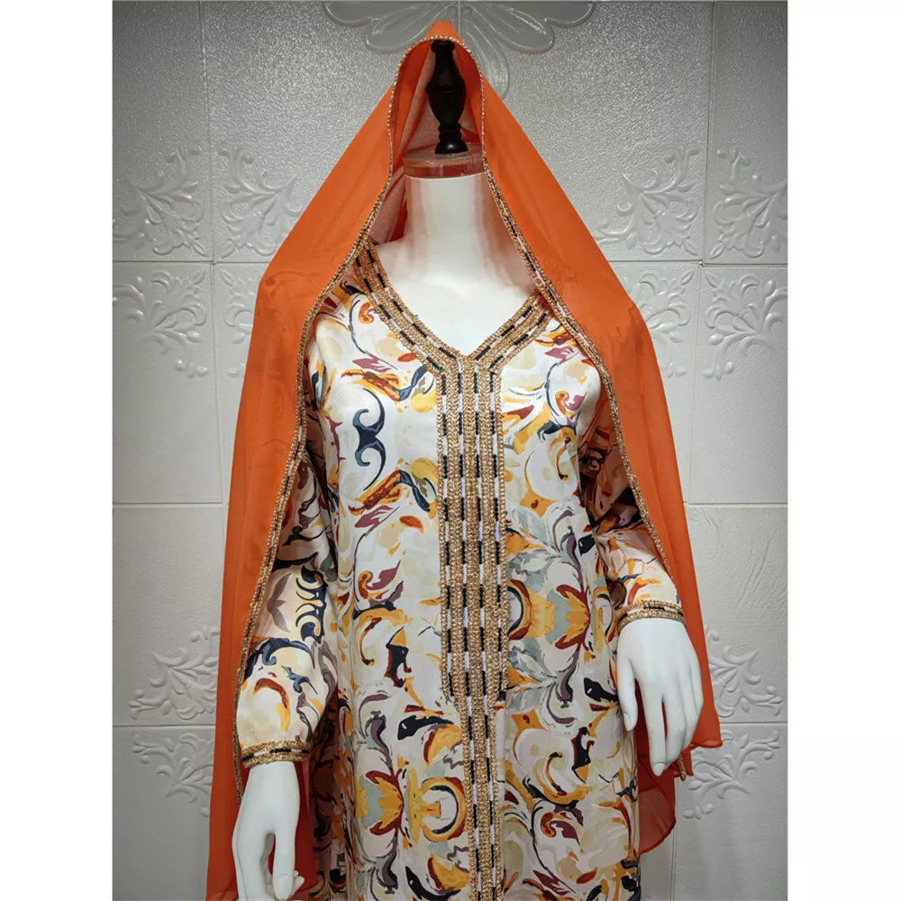 Muslim Abayas Uae Dubai Chic Ethnic Printing Pape Trim Full Sleeve V-Neck Casual Caftan Dubai