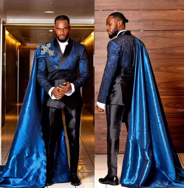 Luxury Shiny Royal Satin Suits For Men Customized 3 Piece Jacket with Long Cape Pants Set Formal Groom Wedding Party Prom Tuxedo