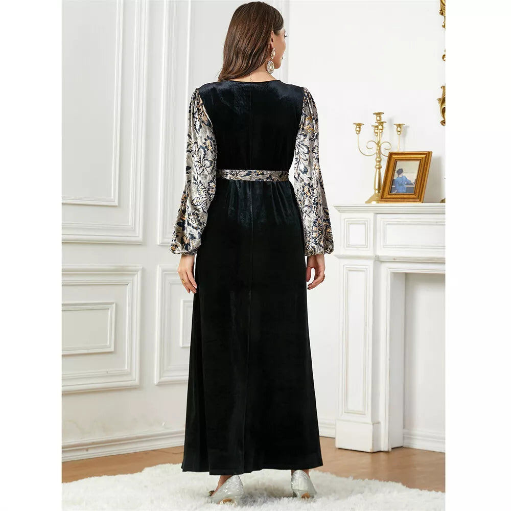 Siakakia musulman Ramadan Eid automne hiver velours perles broderie florale lanterne manches col en v Jalabiyat marocain ceinturé Abaya