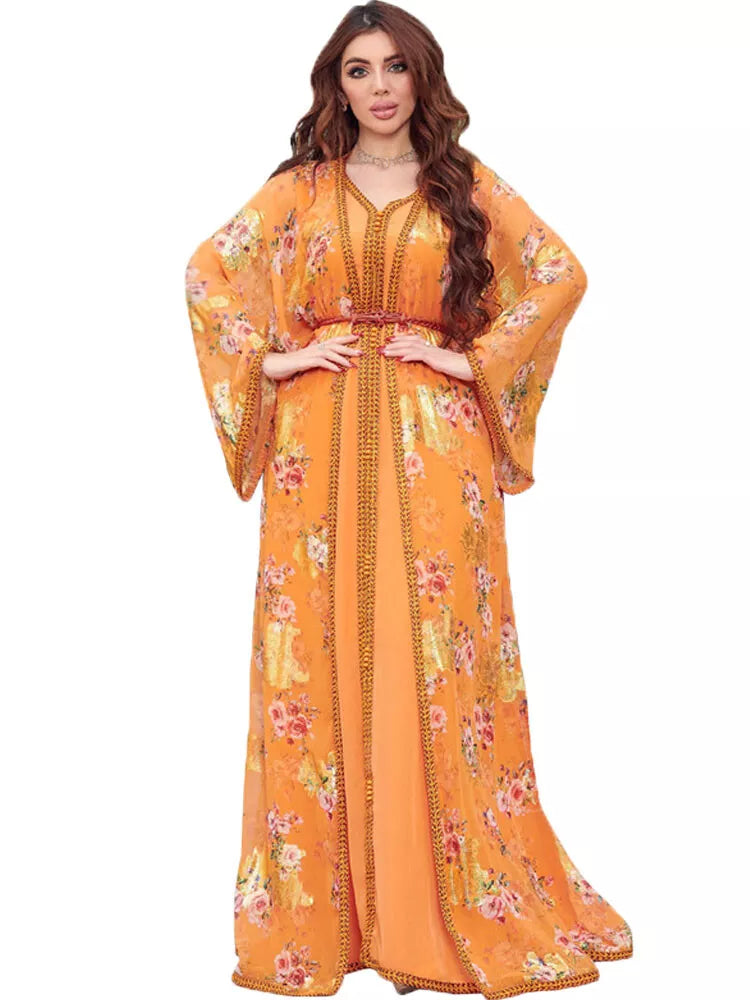 Djellaba marocaine zweiteilige muslimische Kleider Chiffon Print Gürness Kaftan Ramadan Kleid Abayas Islamische Stoff türkische Frauen Kleidung