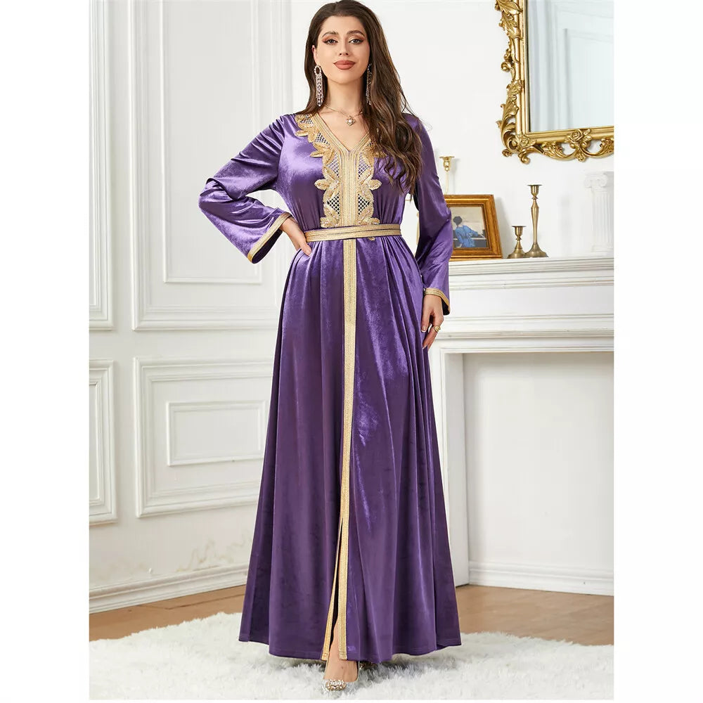 Velvet Autumn Winter Solid Evening Dress Jalabiyat Turkish Saudi Manga Longa Longa Vonete em V Africano Africano Abaya