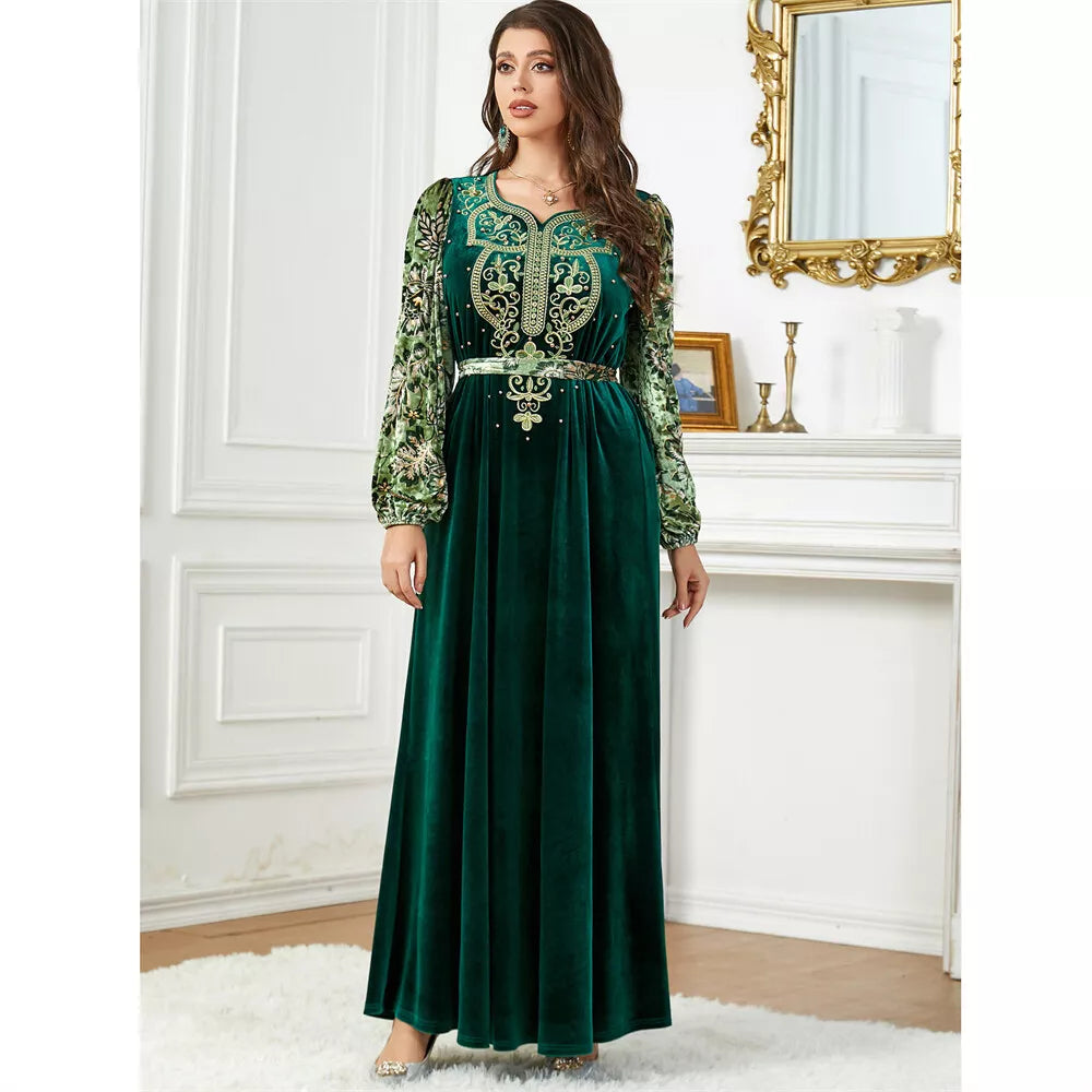 Siakakia musulman Ramadan Eid automne hiver velours perles broderie florale lanterne manches col en v Jalabiyat marocain ceinturé Abaya