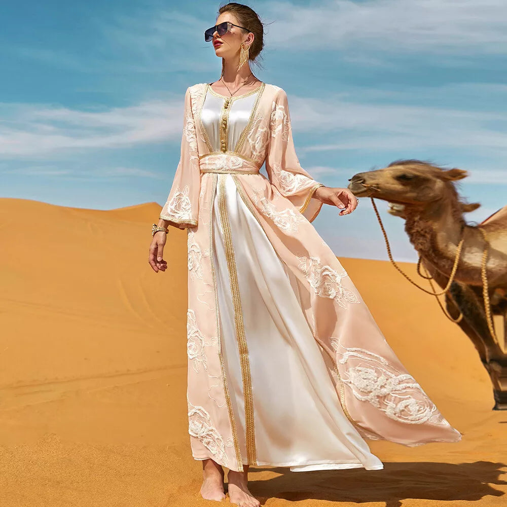 Abito musulmano impostato per il marocchino Luxury femminile Jalabiya Dubai Abbigliamento da festa ricamo alla moda con allacciata