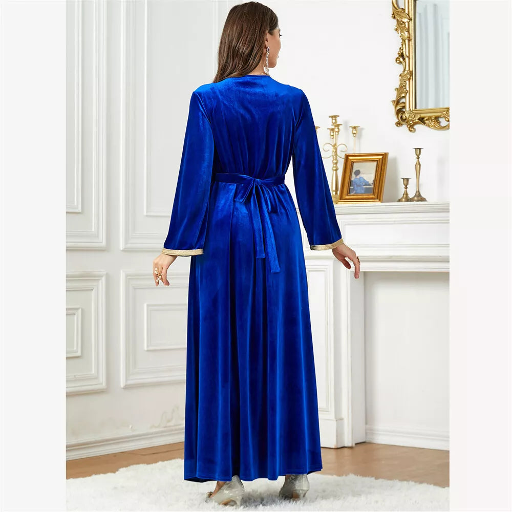 DuBai Autumn Winter Party Velvet Dress Venoman, vestido muçulmano árabe, apliques de miçangas azuis brilhantes com cinto abaya