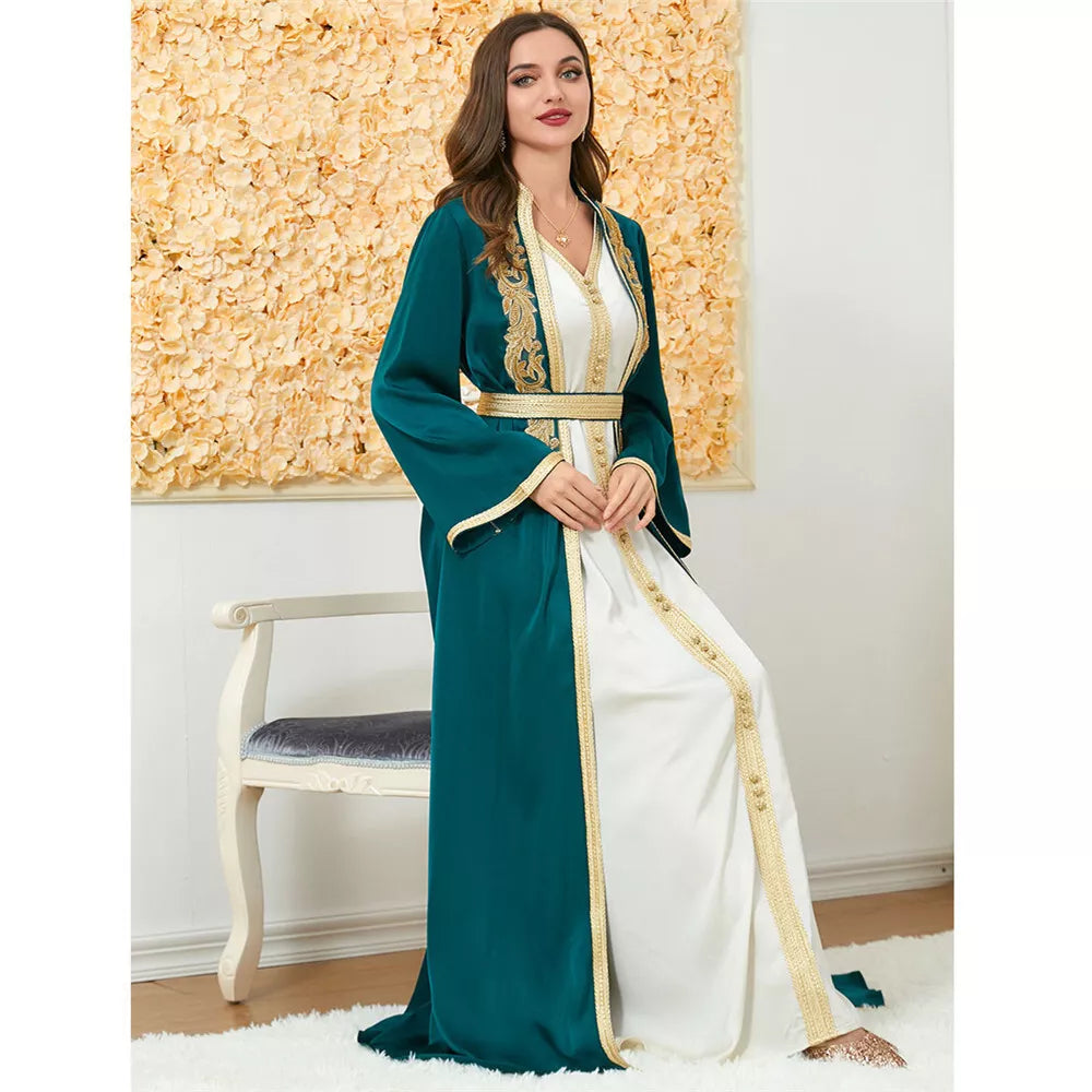 Moda musulmana bata Jilbab de dos piezas con apliques Abaya de invierno y chaleco vestido largo prendas islámicas mujeres caftán marroquí