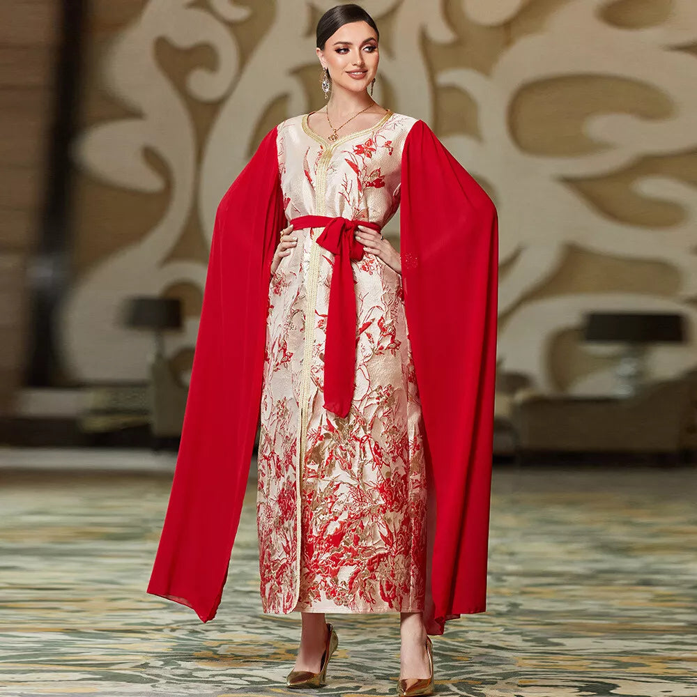 Moda Dubai Royal Caftan Mulheres Chiques Impressão Super Mangas Pretas Vestidos de Cingida Vestidos Longos Elegantes