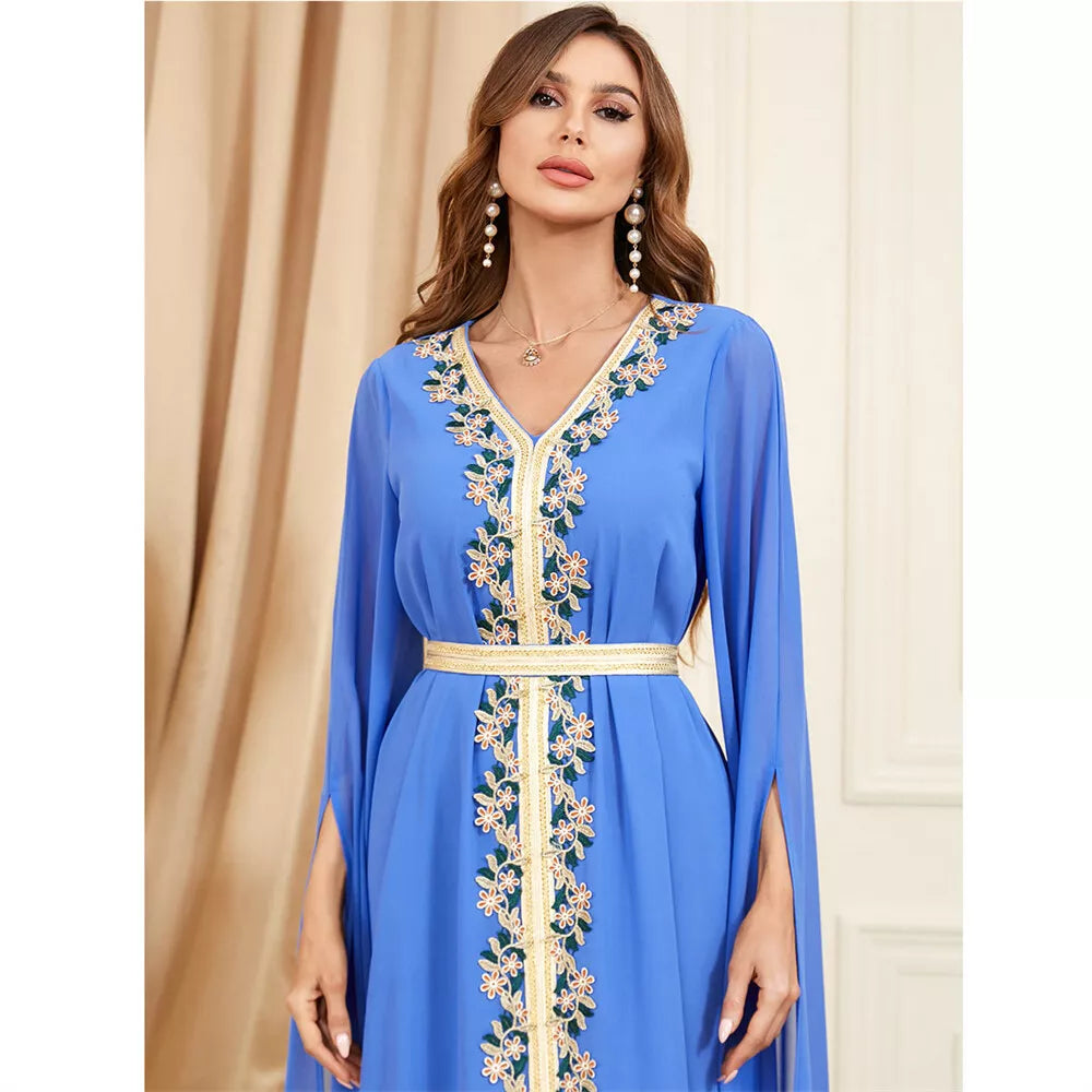 Vestido muçulmano 2023 Dubai Caftan Women Basic Solid Lace Tape Super Mangas Full Sashes Vanhoras V Marroquino Islã Abaya