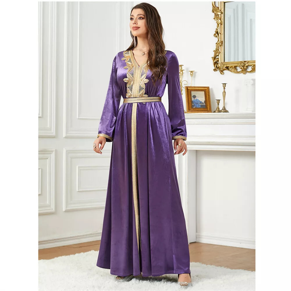 Velvet Autumn Winter Solid Evening Dress Jalabiyat Turkish Saudi Long Sleeve V-Neck Belted African Moroccan Abaya