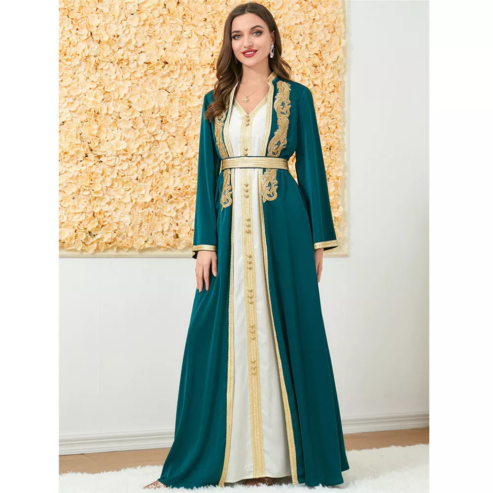 Mode musulmane deux pièces Jilbab Robe Appliques hiver Abaya et gilet Robe longue survêtements femmes islamiques Caftan marocain